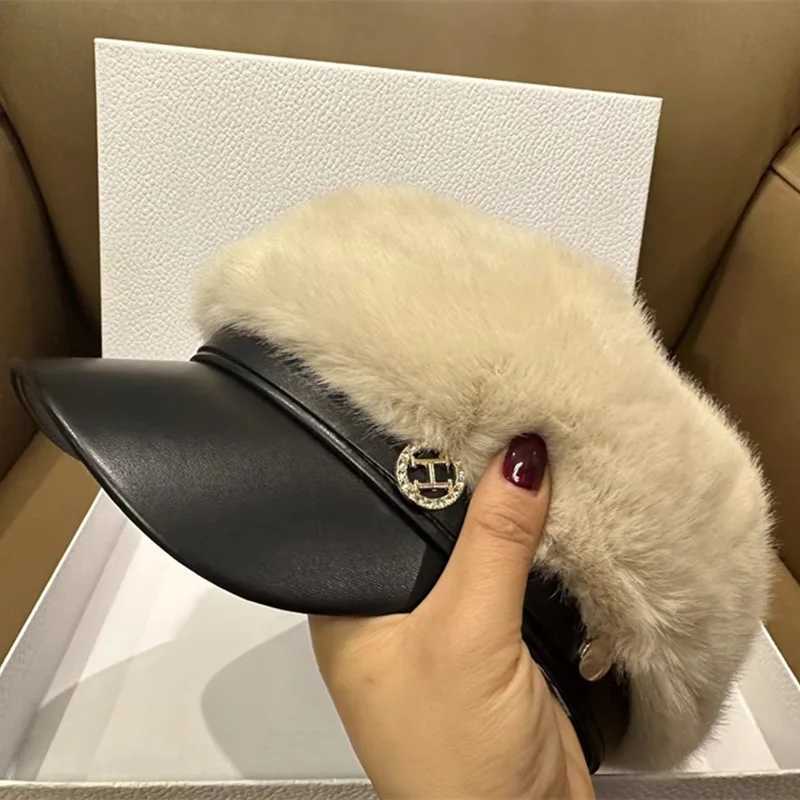 Vintage Mink Fur Beret Women Luxury Versatile Artist Hat Girls Lady Winter Warm Big Head Octagonal Cap Hard Brim Ski Caps J251125