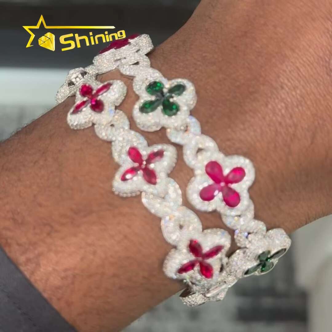 Top Quality Hip Hop Clover Color Diamond Marquise 925 Sterling Silver VVS Moissanite Bracelet