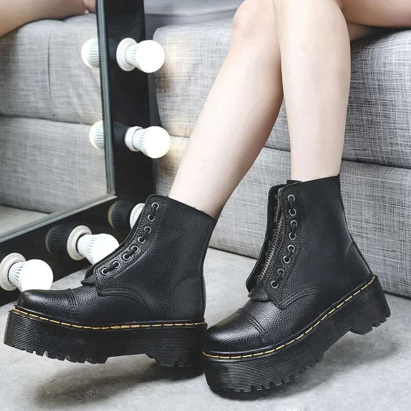 Women Genuine Leather Platform Motorcycle Shoes Front Zipper Optical Soles Fashion Sexy Punk Men Winter Boots 35-46