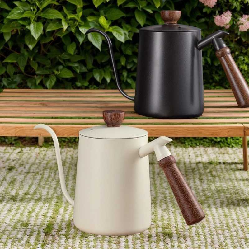 Hand Drip Kettle White Coffee Black Long Spout Goose Neck Stainless Steel Wooden Handle Drip Flow Regulator for Coffe C251125