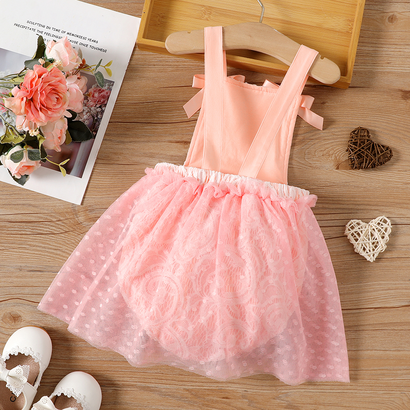 PatPat Baby Girl 95% Cotton Lace Textured Sleeveless Mesh Party Dress Romper