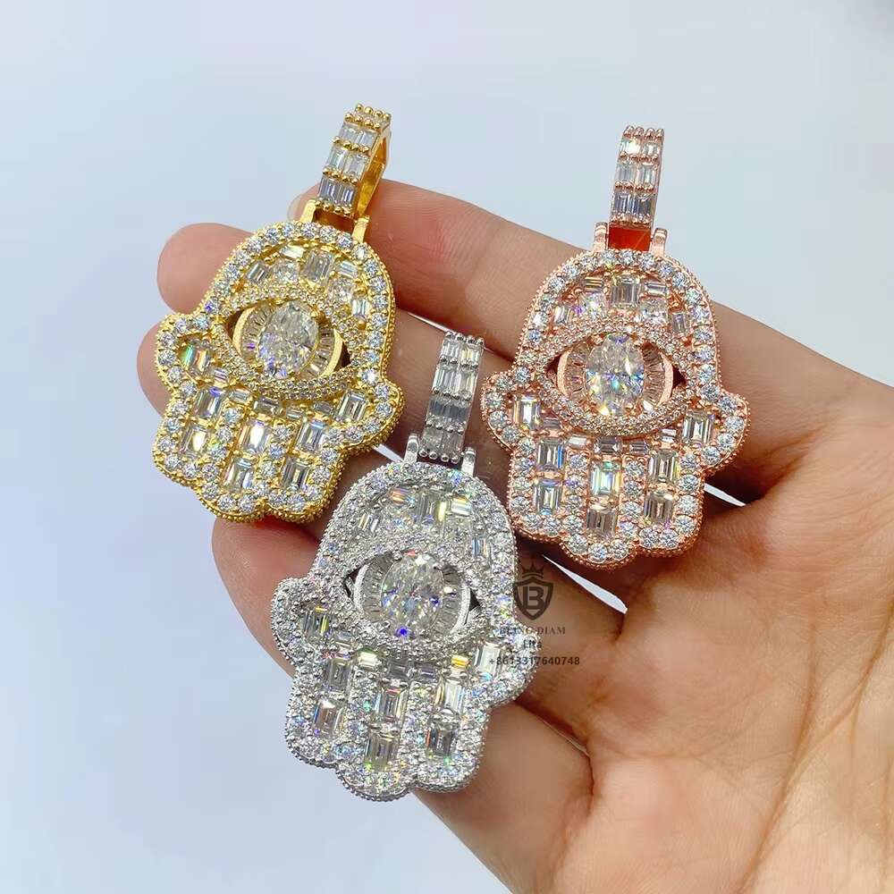 Fashion New Design Oval Eye Hamsa Hand Pendant Necklace Wholesale Custom Fancy Shape Vvs Moissanite Pendant