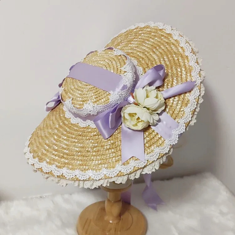 Vintage French Victorian Sweet Elegant Lolita straw Flat Top Hat Sweet Female Straw hat Rose Bow Bandge Sunhat 250420