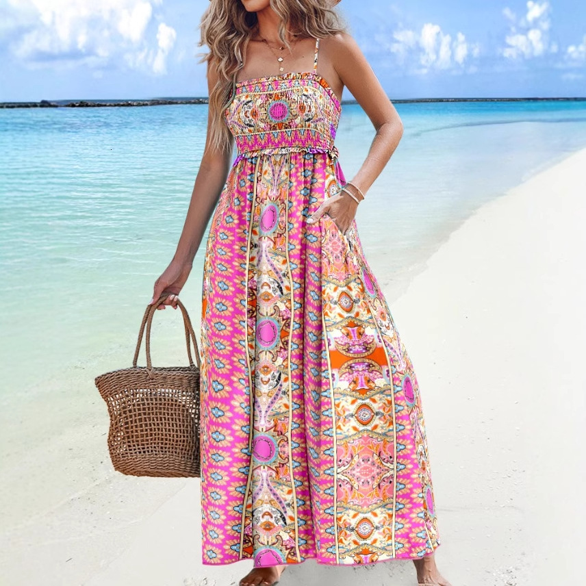 2025 new summer simple and fashionable suspender strapless printed womens dress for women