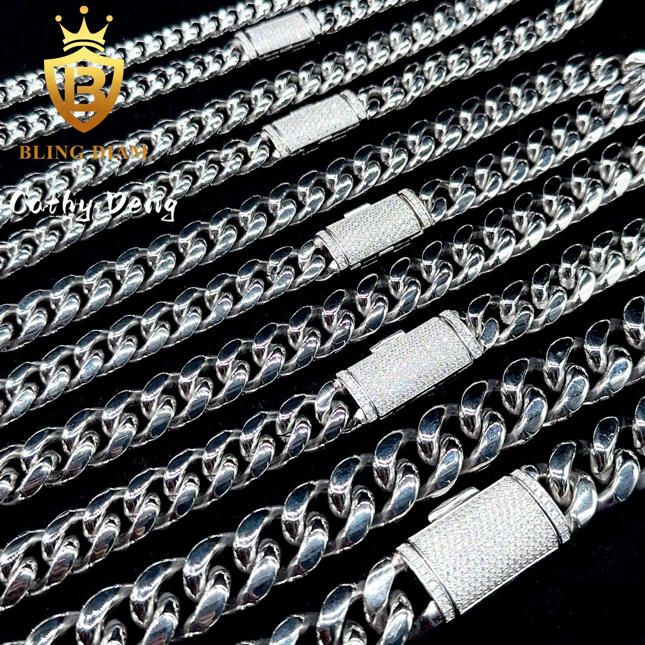 Ready Shipping 8mm 12mm 14mm 18mm 316L Stainless Steel Cuban Chain With 925 Silver Moissanite Clasp Miami Chain for Men Women