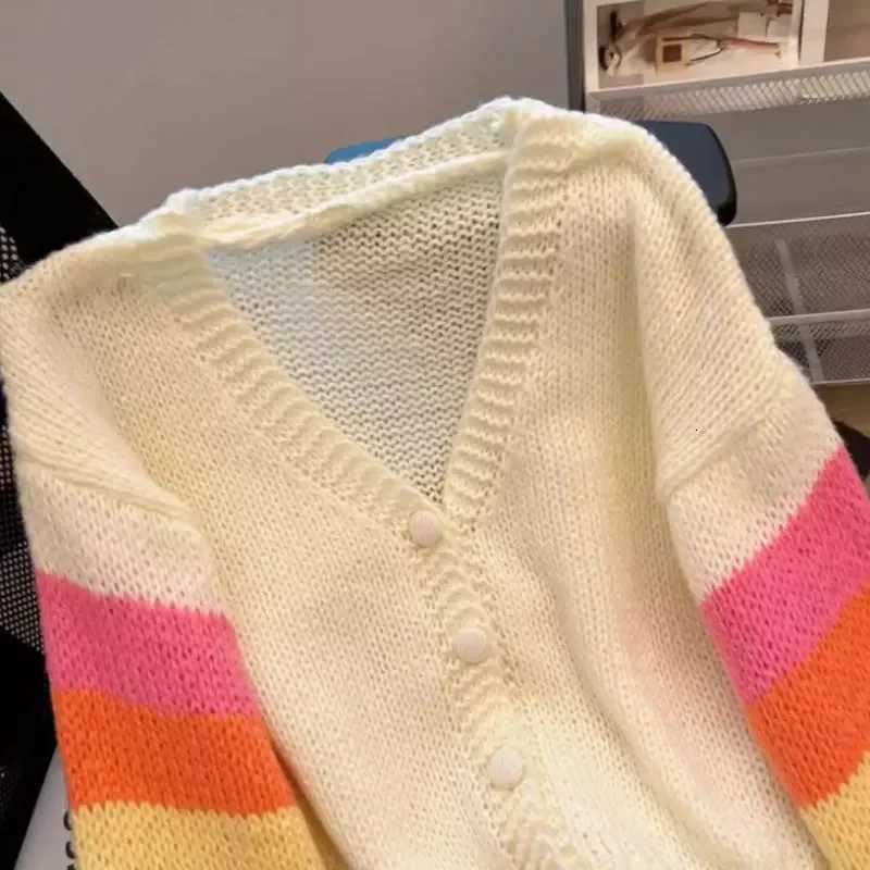 Rainbow Striped Knitted Cardigan for Women Teen-girl Cozy Soft Mohair Button Front Sweater Jacket Winter Autumn Y2K OutfitT251125