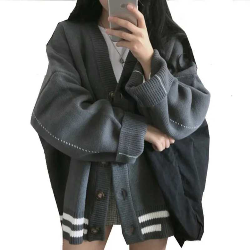 Autumn/winter Korean Loose V-neck Knit Cardigan College Style Long Sleeved Sweater Jacket Casual Button Long CardiganT251125