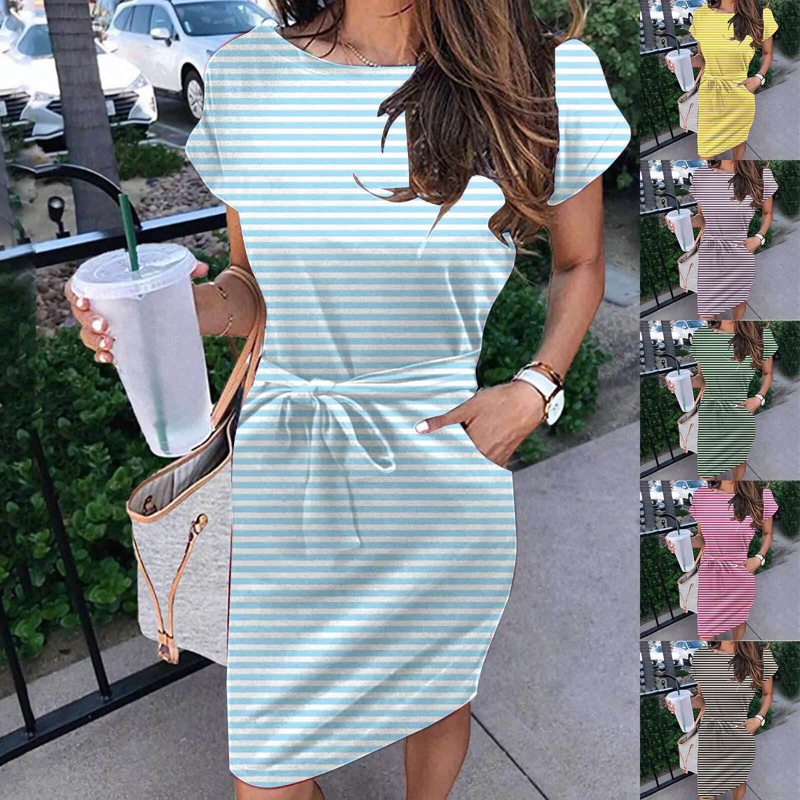 Dongdumaoyi Summer Women Midi Dress Maxi Split Striped V Neck Beach Tshirt Female Vacation Casual Short Sleeve Loose