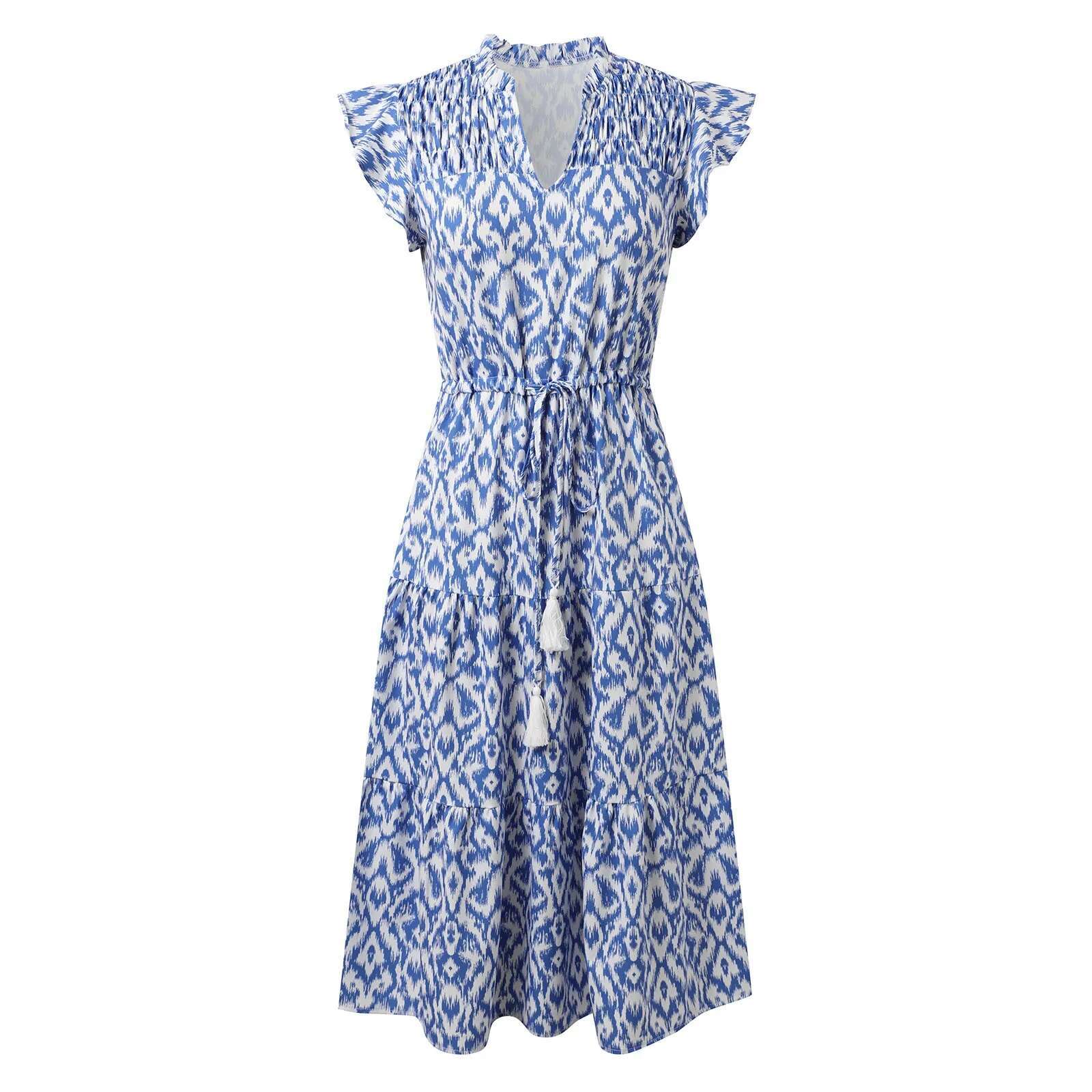 Dongdumaoyi Women S Summer Floral Boho Dress V Neck Ruffle Sleeve Flowy Tiered Midi Beach Dresses Holiday Sundress
