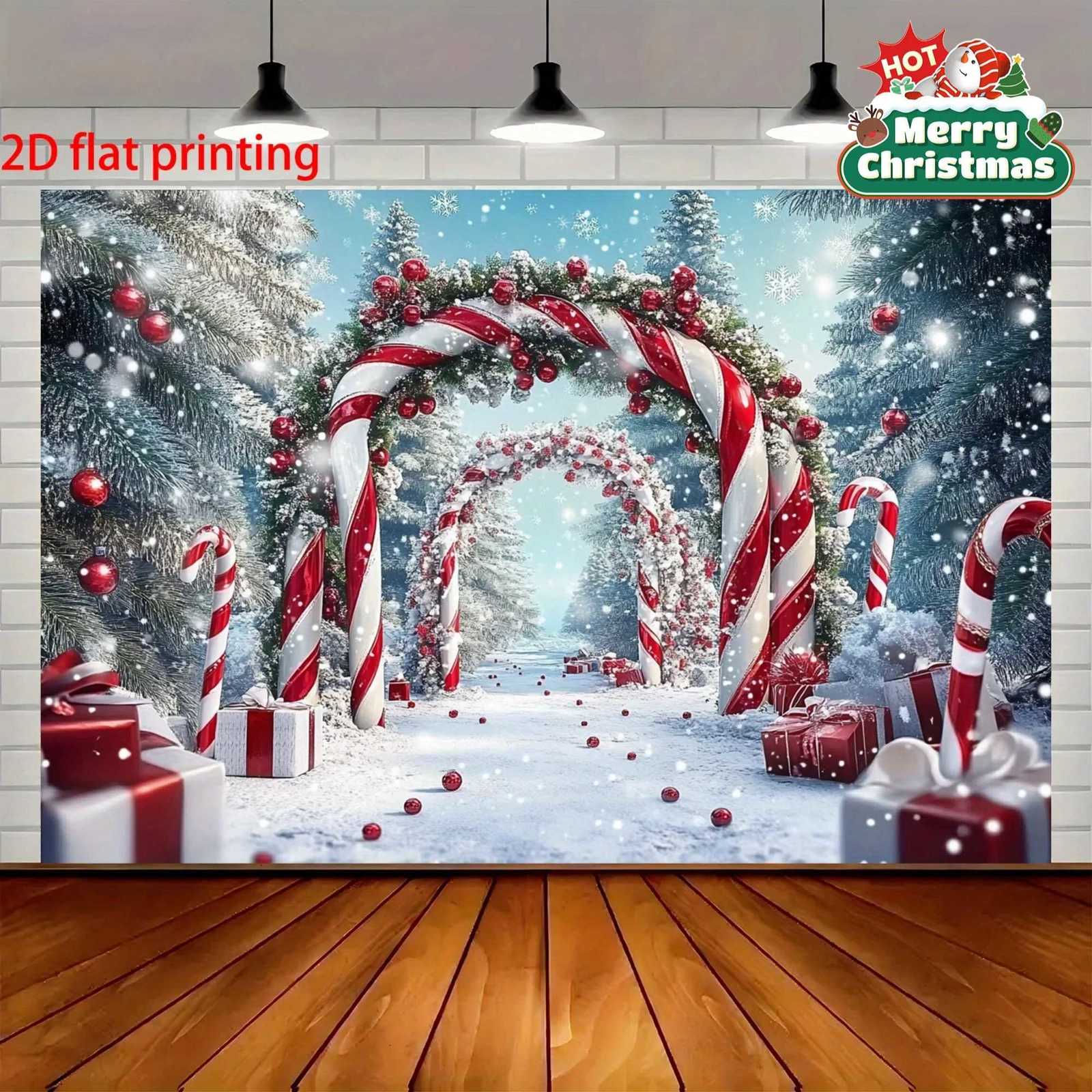 1 Piece Pink Winter Wonderland Background Tapestry Christmas Decoration with Candy Cane Christmas Tree and Snowy TrailHome DecorM251125