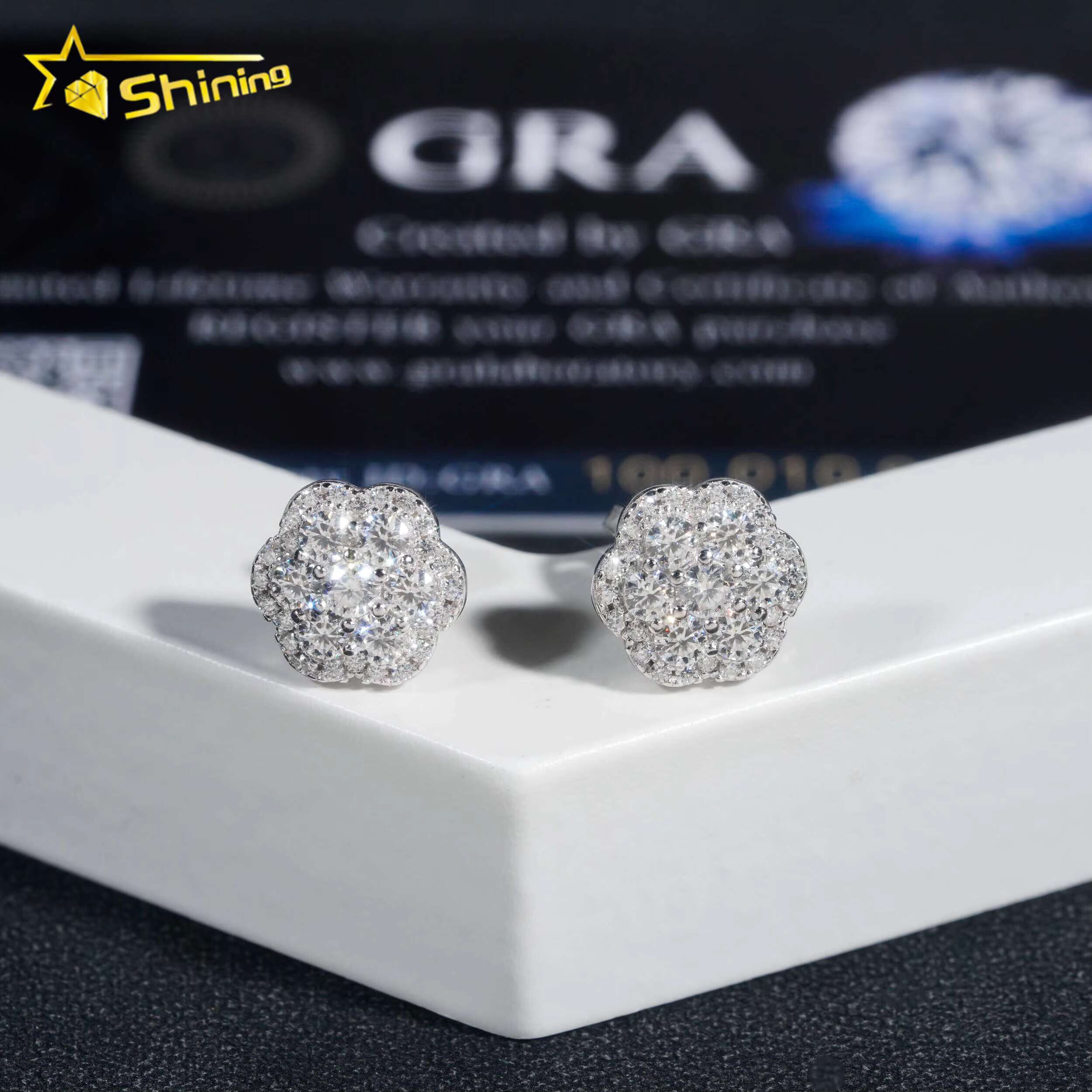 18K Gold Plated Flower Earrings Hip Hop Jewelry 925 Sterling Silver Cluster Moissanite Ear Studs Screw Back Pass Diamond Tester