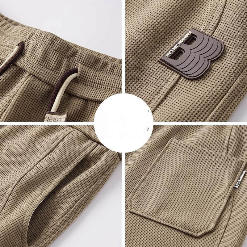 Texture waffle shorts men's summer new brand sports loose straight casual five quarter pants gray trendy