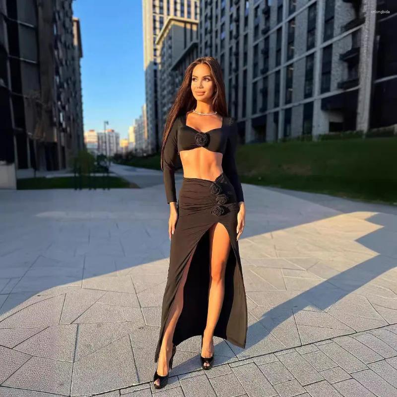 Two Piece Dress Floral Design Sexy Trend Hanging Neck Patchwork Backless Slit Long Skirt Set