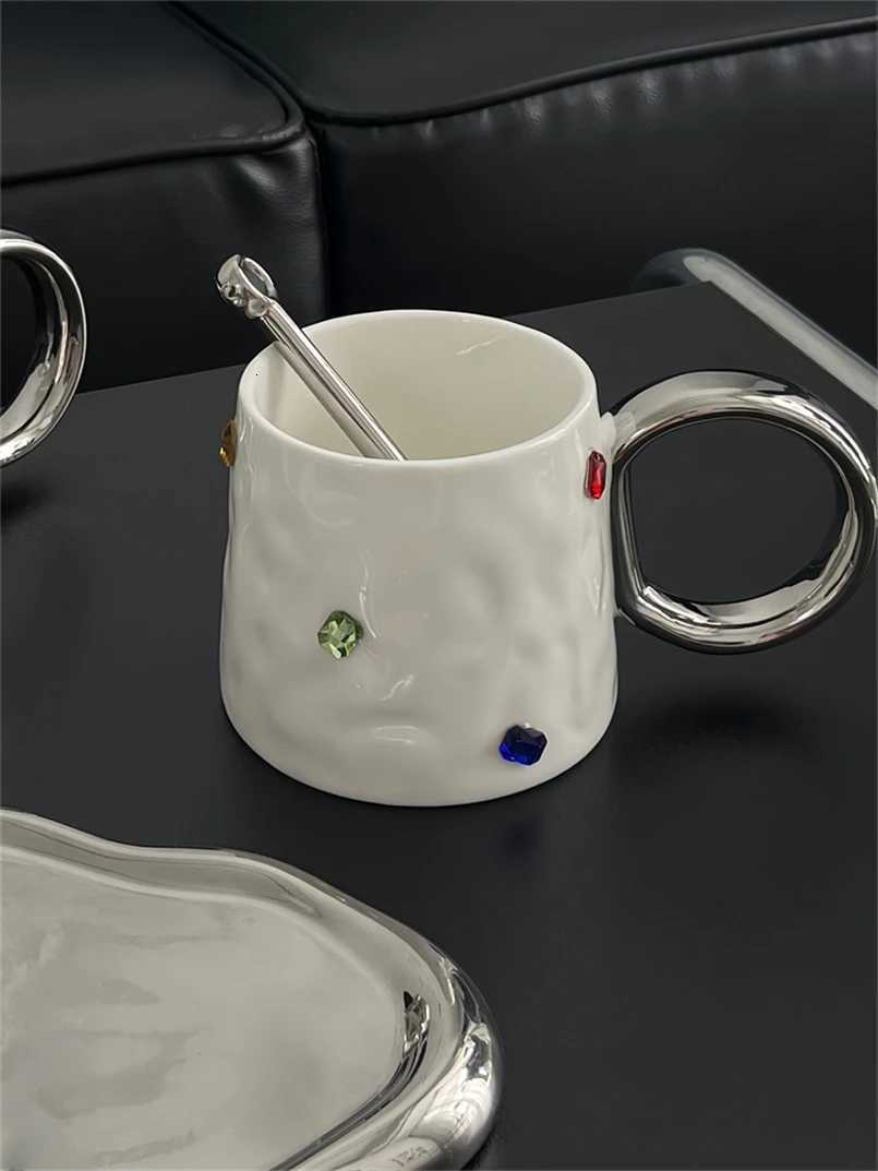 Nordic Style Ins Niche Design Ceramic Color Gem Mug Simple Coffee Cup with Handle Couples Cup with Spoon Y251125