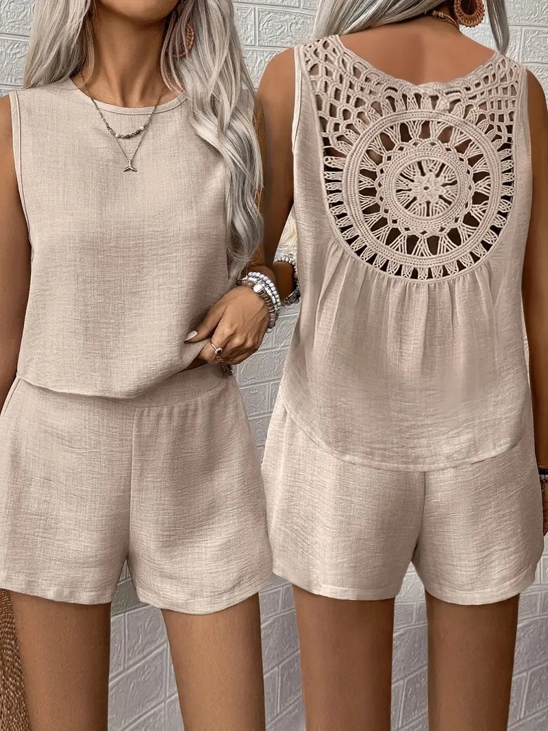 2025 New Summer Sleeveless Solid Color Back Hollow Lace Shorts Set for Women