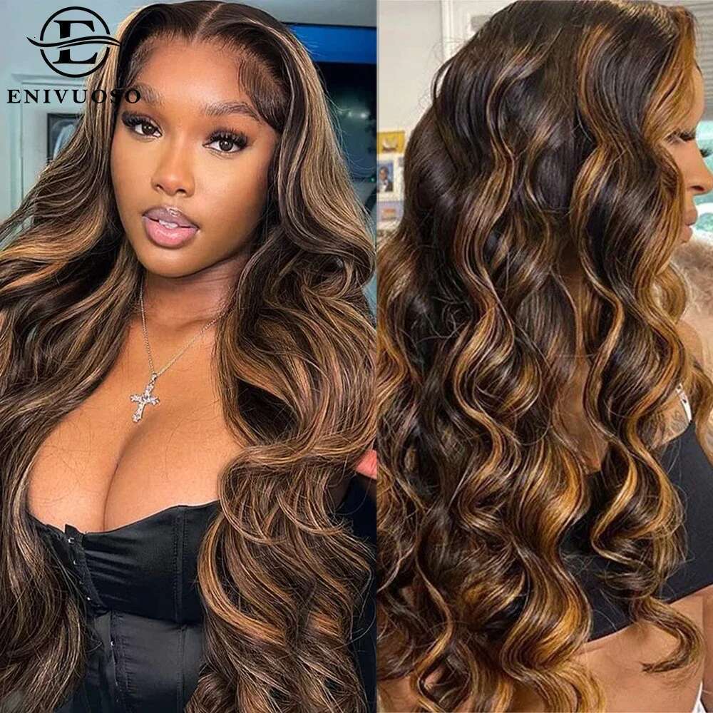 Glueless Ombre Highlight Synthetic Pre Plucked With Baby Hair Body Wave 13X4 HD Lace Front Wigs For Black Women