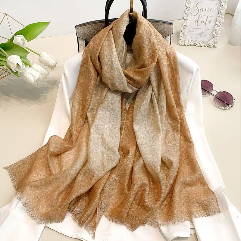 T556 simple spring and autumn new gradient scarf female fashion warm long scarf gold and silver silk tassel neck scarf