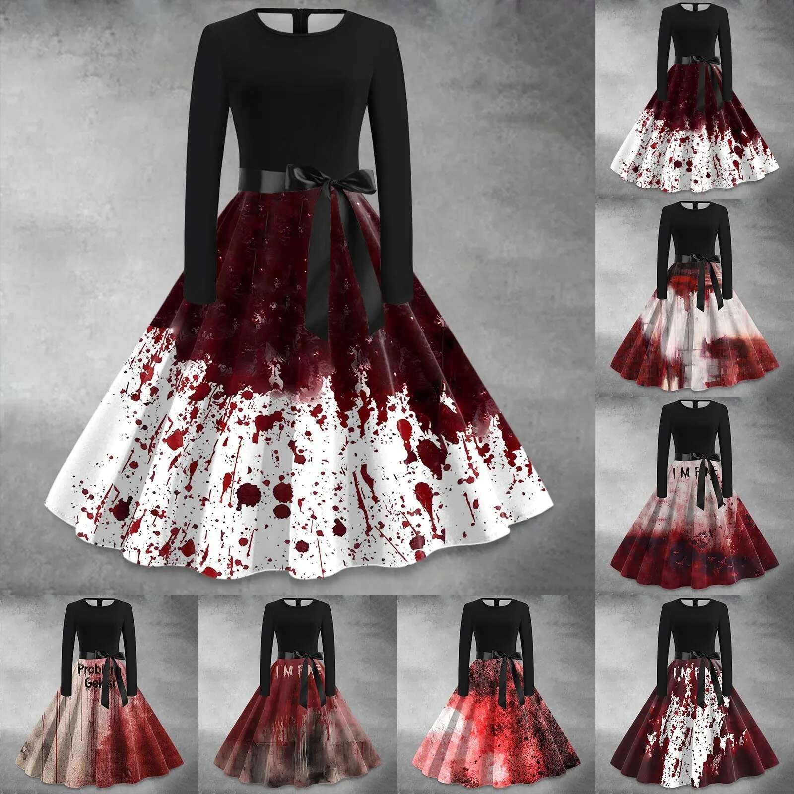 Dongdumaoyi Retro Vintage Dresses Women Blood Printed England Style Large Size Halloween Shirt Sundress S Swing Casual Vestidos