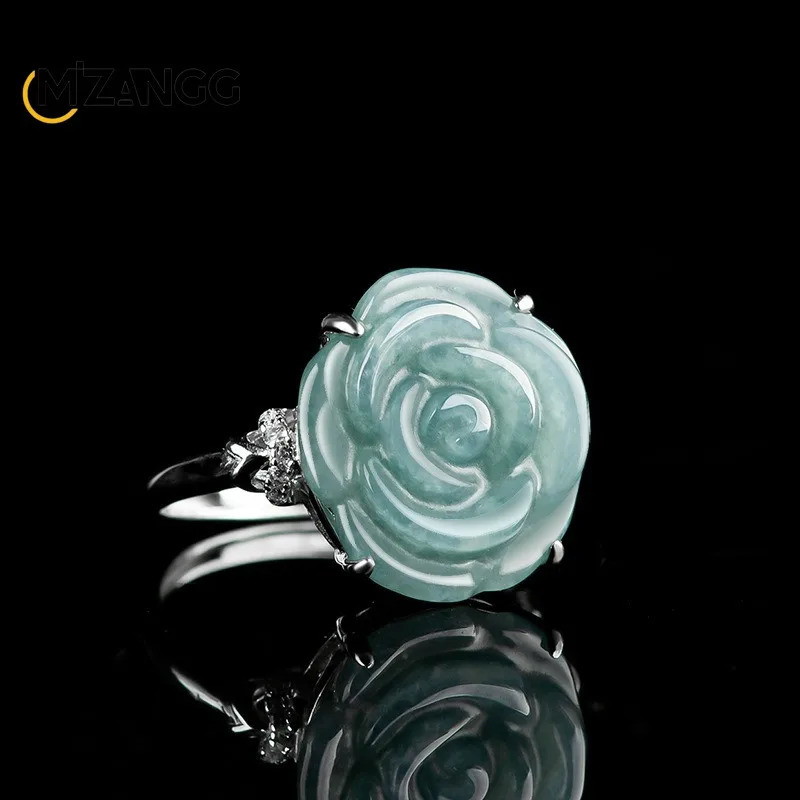 S925 Silver Set Myanmar Jadeite Blue Water Rose Ring Ice Jade Adjustable Female Ring Fashion Fine Jewelry Wedding Party Gift 250425