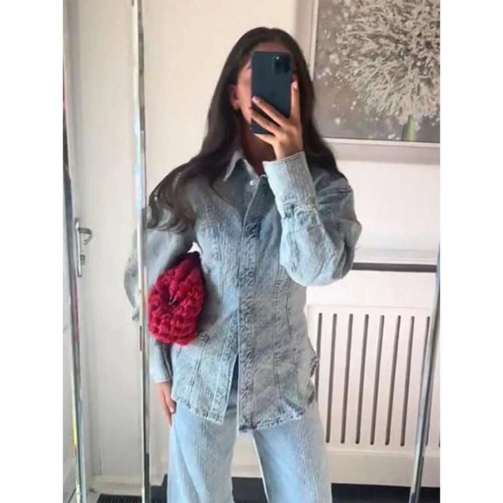 Vintage Women's Distressed Textures Denim Suits Set Light Washed Blue Waist-Tighting Jacket Matching High Waist Wide Leg Jeans