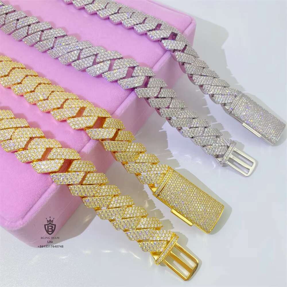 Pass Diamond Tester Hip Hop Iced Out 20mm Cuban Diamond Chain 3 Rows Jewelry Cuban Link Chain for Men