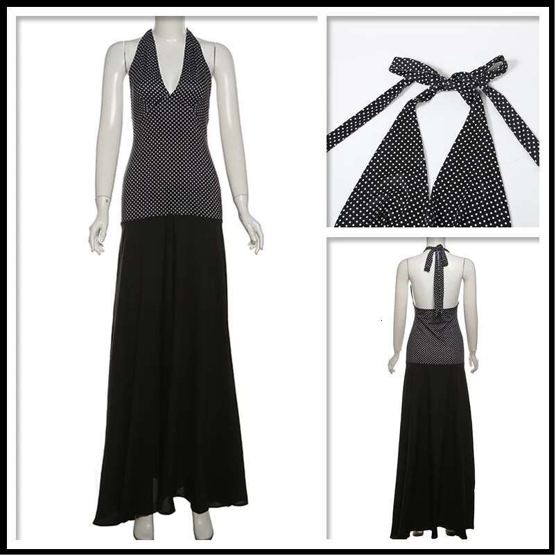 Dongdumaoyi Townlike Polka Dot Patchwork A Line Dress Women Halter Maxi Long Summer Backless Nightclub Sexy Party Dresses
