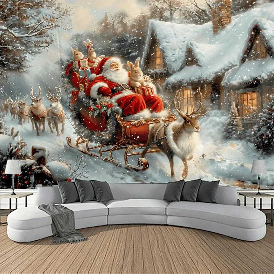 1pcs Santa Claus Sleigh Tapestry for Snow Town Scenery Wall Hanging in Living Room and Bedroom Holiday Party DecorationM251125