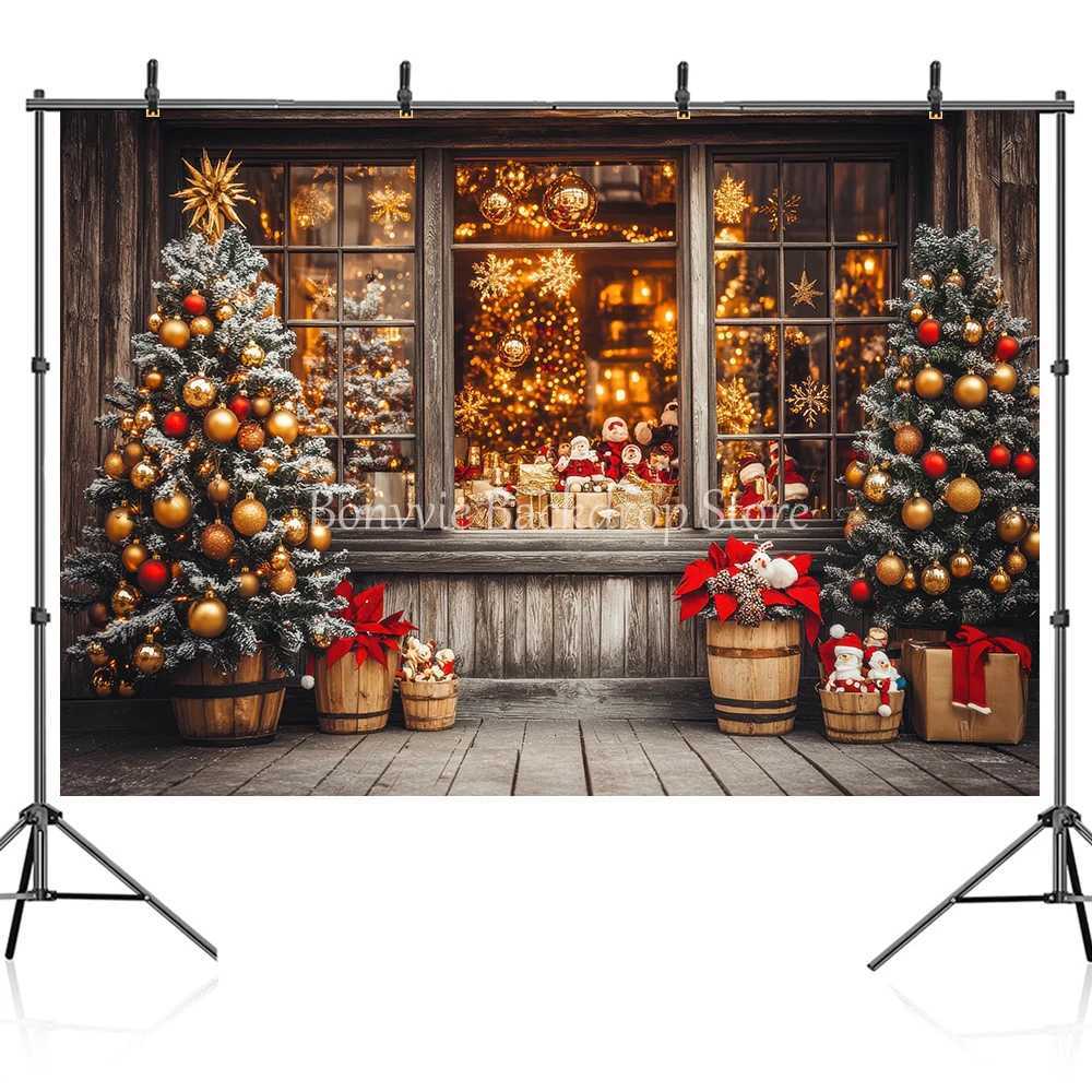 Bonvvie Christmas Backdrop Window Fireplace Xmas Tree Gift Winter Snow Baby Portrait Photography Background Decor Photo StudioM251125