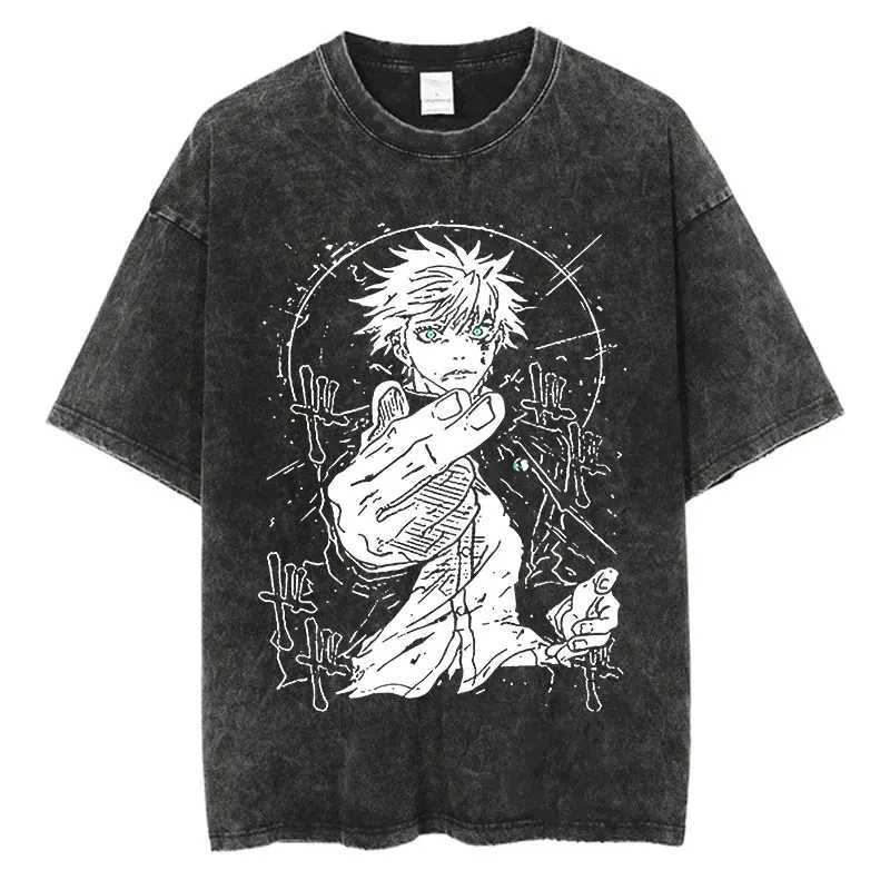 Anime washing T-shirt Harajuku summer 100% pure cotton short sleeved oversized T-shirt retro streetwear T-shirt W250425