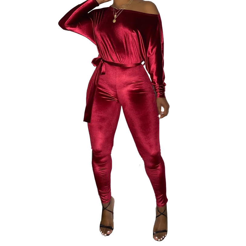 Hr8089 womens Velvet elastic one-piece pants with one shoulder bat sleeve and belt 211106