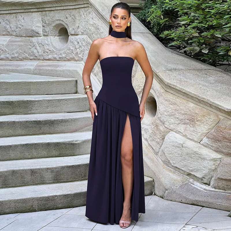 Dongdumaoyi Townlike Maxi Long Dress Pleated A Line Women Spring Summer High Split Backless Nightclub Sexy Party Dresses