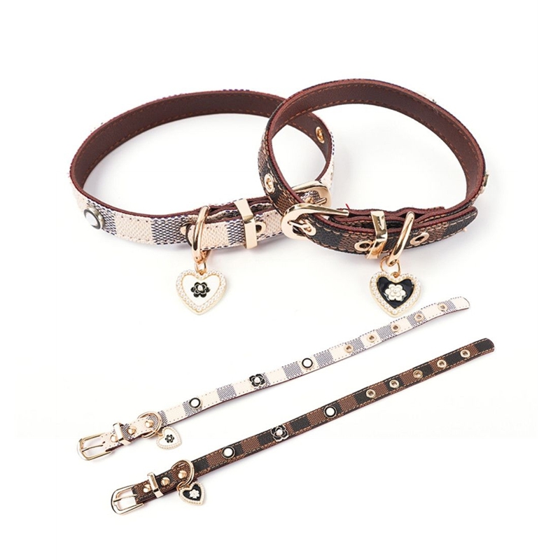 Plaid Pet Collar with Pearl-Flower Heart Tag, Adjustable Dog/Cat Collar, Luxury Gold Hardware & Decorative Accents, 2 Sizes (S/M) for Small-Medium Pet