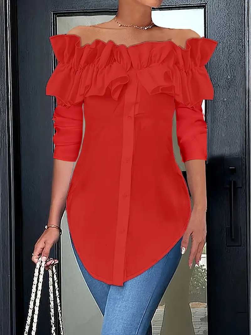 2024 autumn simple solid color one shoulder lotus leaf edge shirt top for women