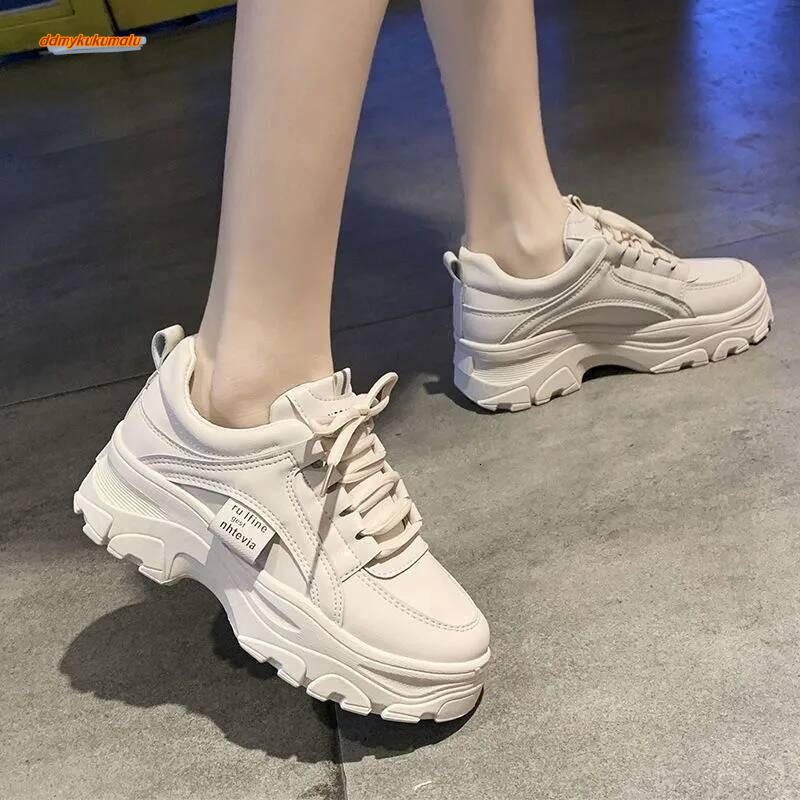 Fashion Split Leather Chunky Sneakers White Shoes Lace Up Tenis Feminino Zapatos De Mujer Platform Women Casual Shoe ddmykukumalu