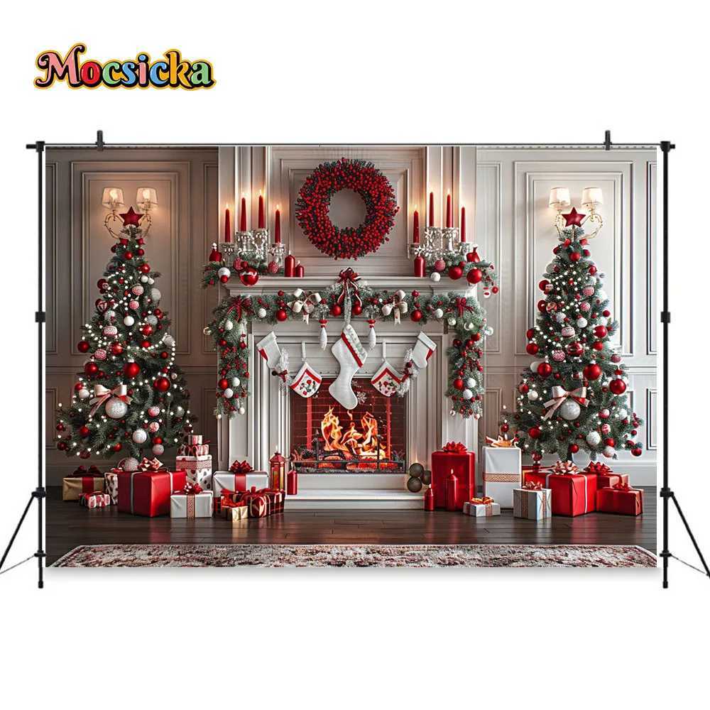 White Fireplace Photography Backdrop Christmas Red Garland Xmas Tree Candles Background Winter Retro Room Family Photo StudioM251125