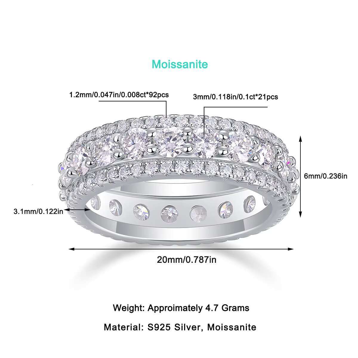 DE Fashion Iced Out Moissanite Ring 6mm Wide Iced Out Moissanite Rings 925 Silver D Color Moissanite Rings with GRA Certificate