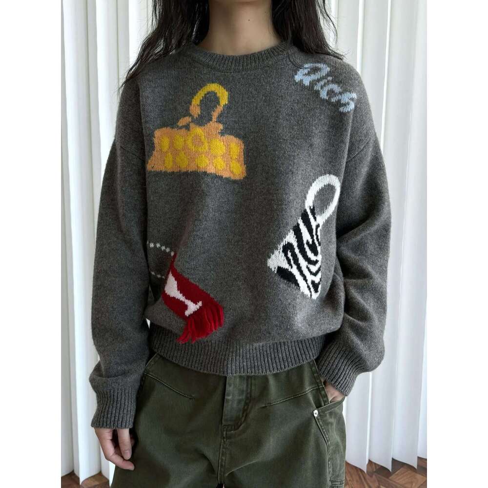 Autumn And Winter Women's Casual Jacquard Round Neck Long Sleeved Loose Pure Wool Sweater