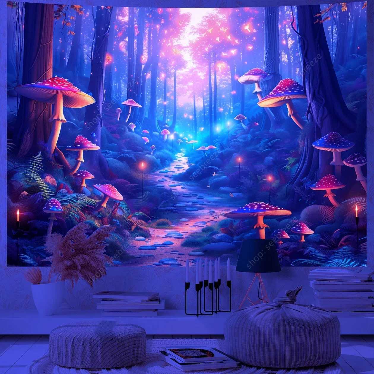 Fantasy Mushroom UV Reactive Tapestry Beautiful Floral Plant Tapestry Wall Hanging Gothic Home Wall Decor Room Decor AestheticM251125