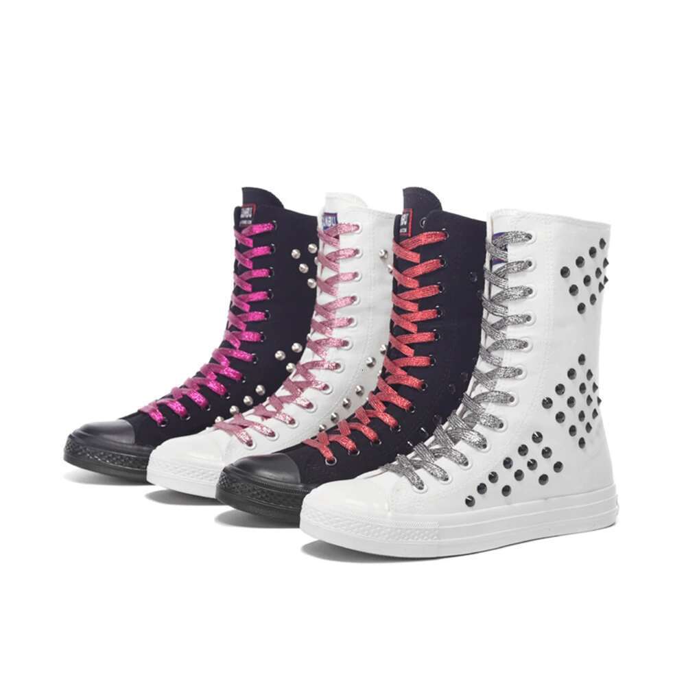 Spring new medium-sized color lace-up side zipper riveted canvas casual soft sole inner heightening large size women shoes