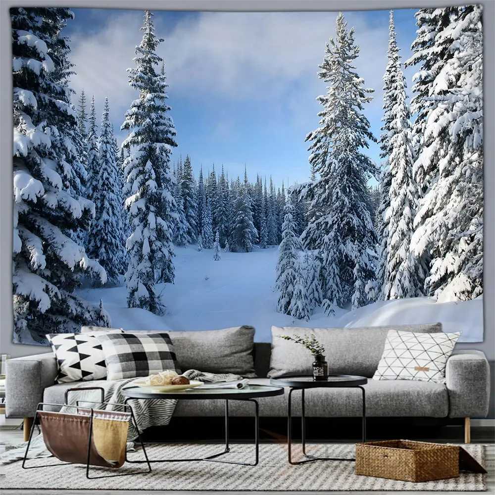 Winter forest snow scene tapestry wall hanging home bedroom living room mural decorative background clothM251125
