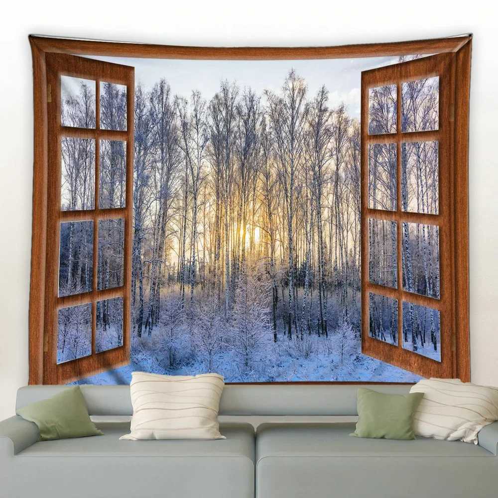 Window Outside Snowflake Forest Tapestry Winter Landscape Tapestries Wall Hanging Home Art Decor Blanket for Bedroom Living RoomM251125