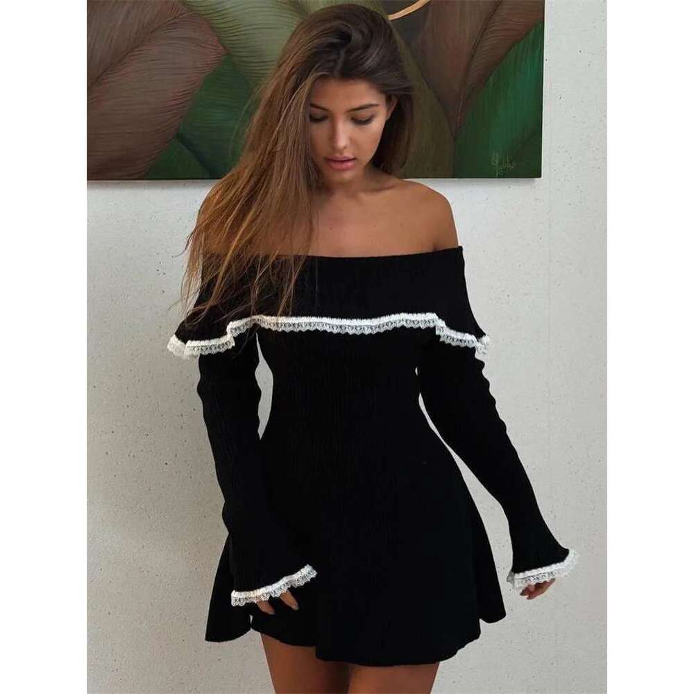 Knit Off-Shoulder Sweater Women's Lace Patchwork Ribbed Slim Backless Elegant Party Knitwear Mini Dress
