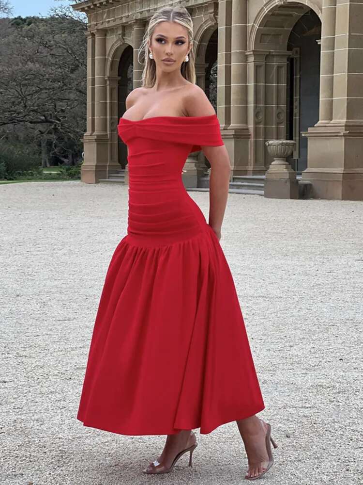 Dongdumaoyi Townlike Elegant Pleated A Line Dress Women Off Shoulder Maxi Long Summer Backless Nightclub Sexy Party Dresses