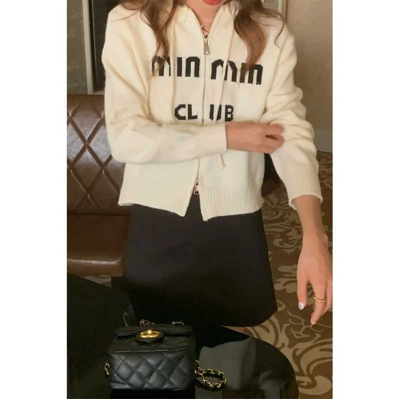 Women Cardigan French Retro Knitted Outwear Autumn Simple Drawstring Hooded Casual Knitwear Versatile Temperament Female WearT251125