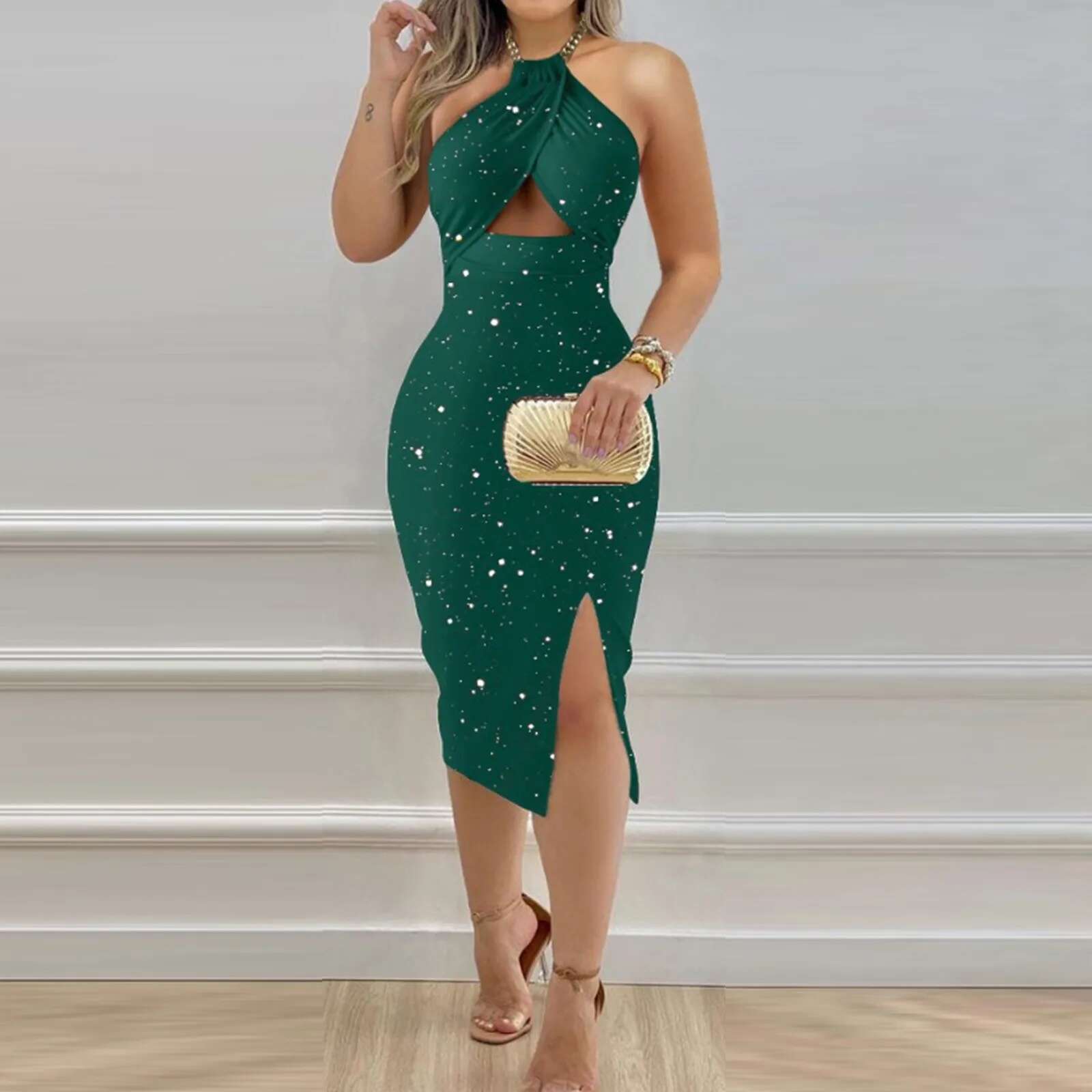 Dongdumaoyi Summer Women Hollow Out Sexy Party Dress Sleeveless Halter Patchwork Sheath Holiday Fashion Chic Ladies