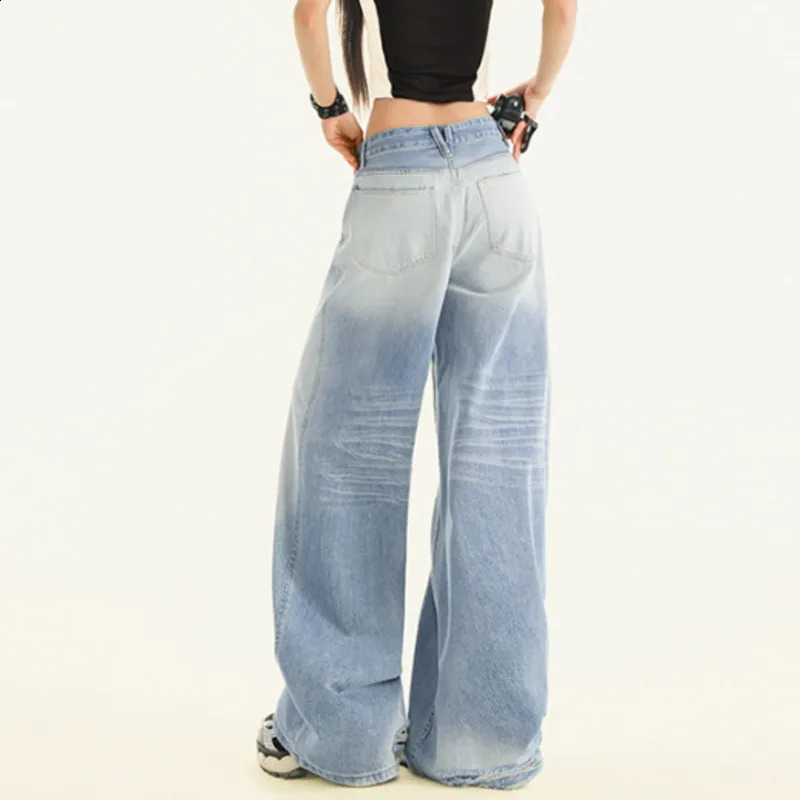 Womens loose retro long jeans mid waist torn wide leg straight 250417