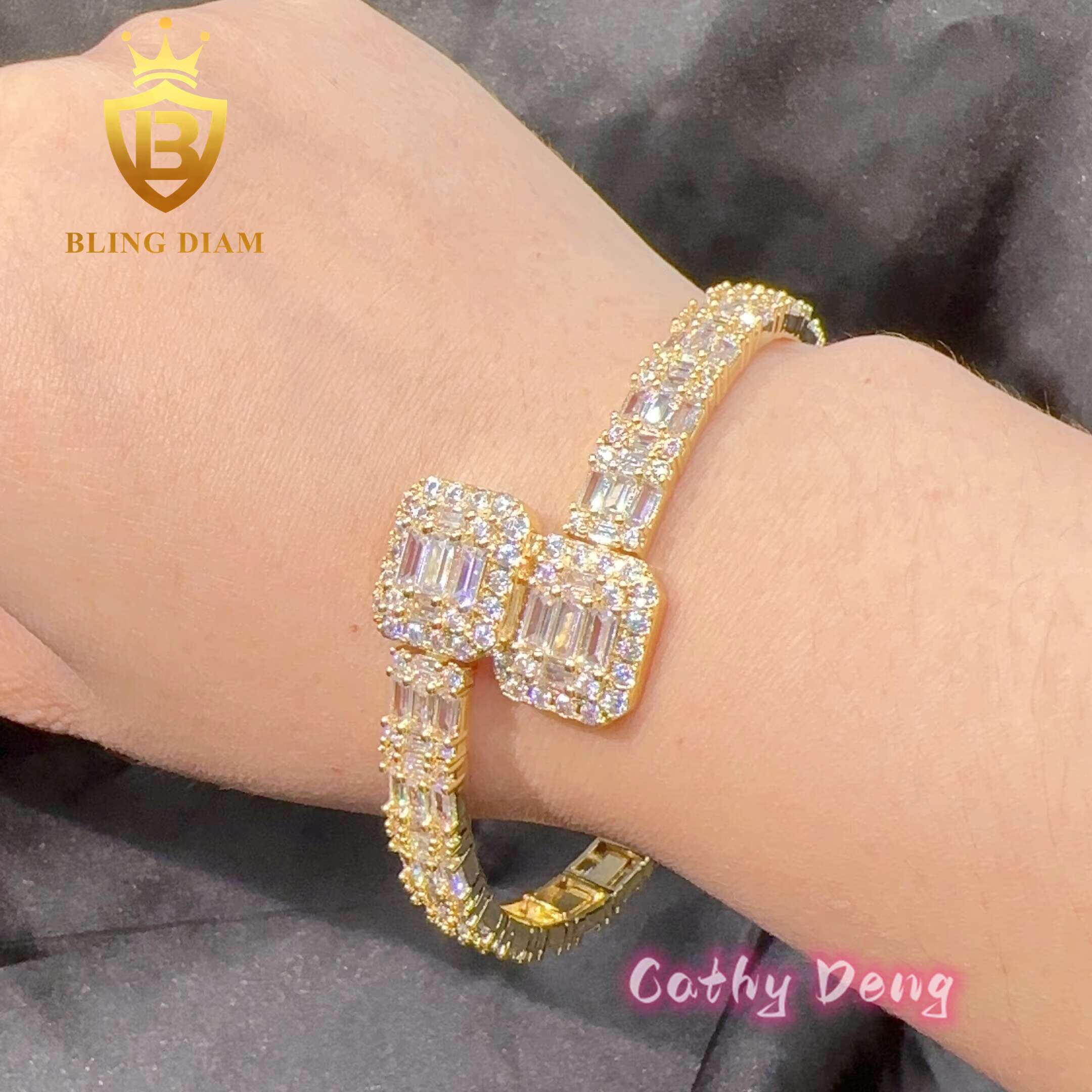 Fashion Cuban Bangle Hip Hop Jewelry Gold Plated Brass Baguette Moissanite Diamond Cuban Link Bracelet Bangles