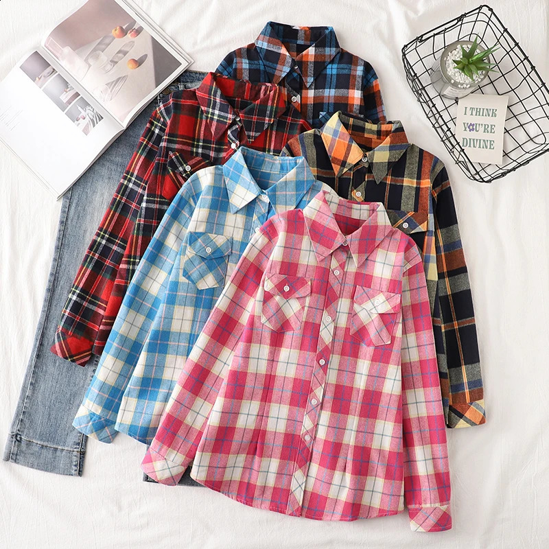 Cotton flannel plain weave womens shirt autumn item womens casual slim fit long sleeved shirt and top womens checkered clothing 250418