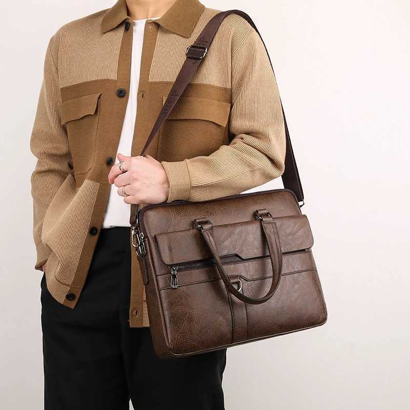 Mens Briefcase PU Leather Handbag Executive 14 Inch Laptop Document Shoulder Business Vintage Messenger Designer Lawyer BagT251125