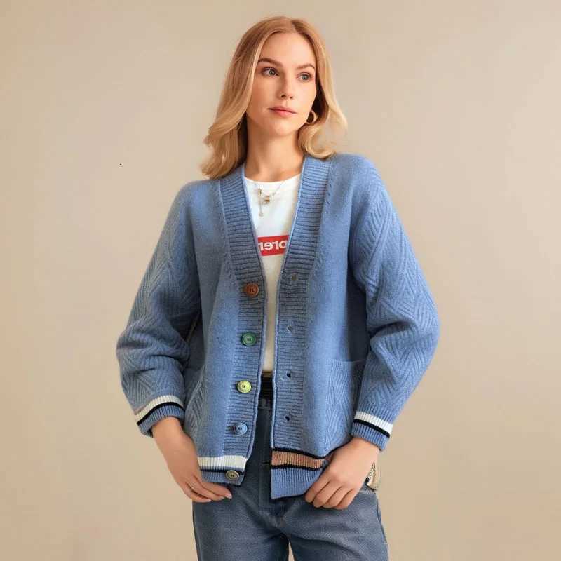 Fashion V-neck womens sweater jacket autumn and winter commuter all-match temperament long-sleeved knitted cardiganT251125